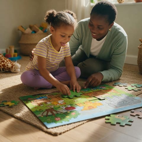 A young child and an encouraging adult working on a large floor puzzle together near a sunny window