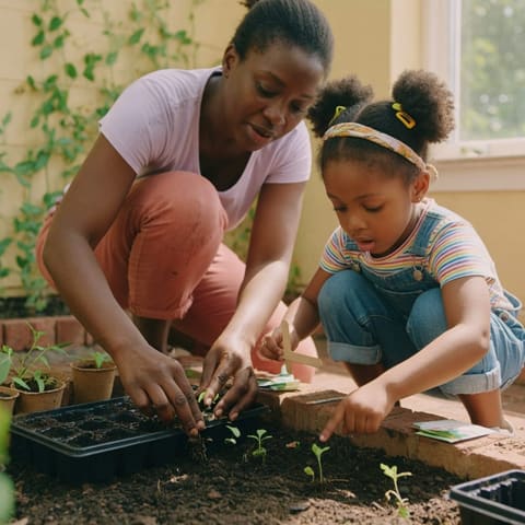 A parent and a curious young child planting seedlings together in a small garden in warm daylight