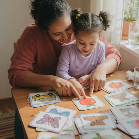 An adult and a young child pointing together at colorful picture-learning cards on a table