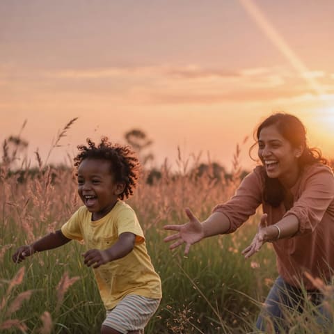 A young child running joyfully through tall grass toward an open-armed parent at sunset