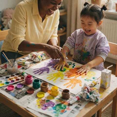 A smiling parent helping a joyful young child finger-paint at a small table covered with art supplies