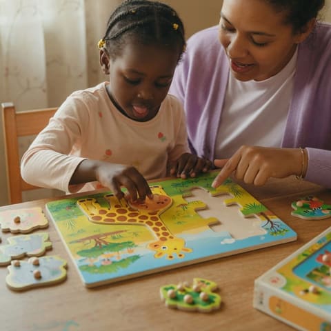 A young child completing a wooden puzzle with gentle