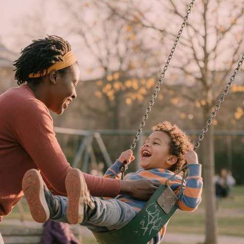 A parent gently pushing a laughing young child on a park swing in golden afternoon light