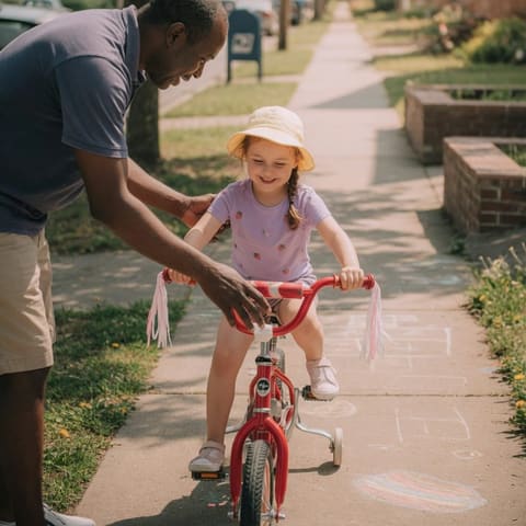 A father helping his young child ride a small bicycle on a quiet sunny sidewalk