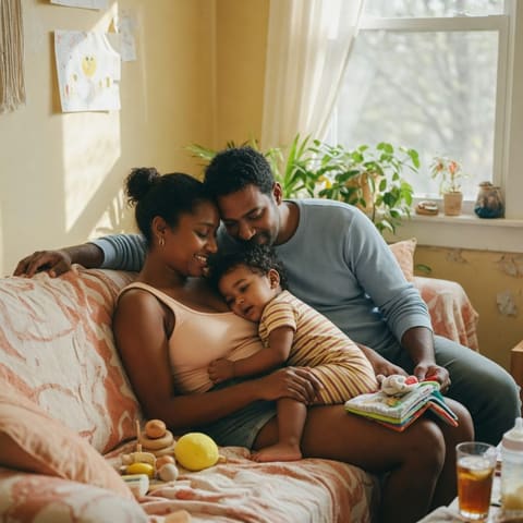A warm candid moment of parents and their young child relaxing together in a cozy