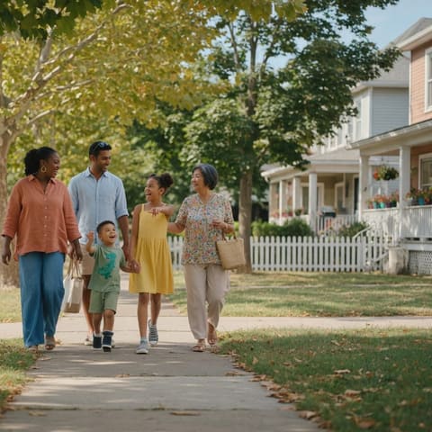 A diverse family walking together along a tree-lined neighborhood street on a sunny afternoon