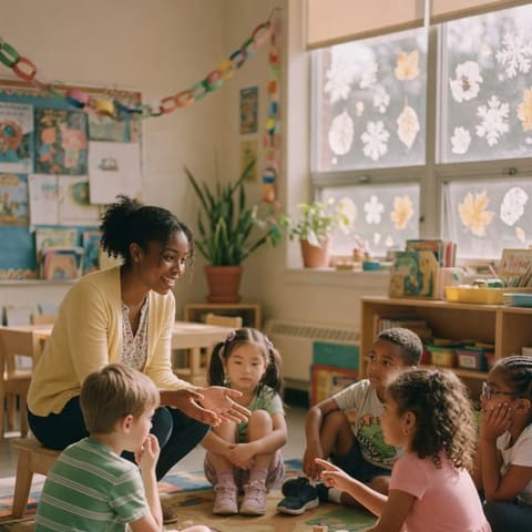 A kind teacher leading a small group of young children sitting in a circle on a rug in a bright classroom