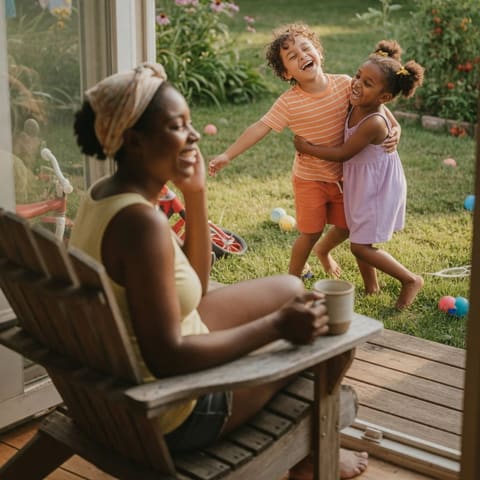 A parent watching two young children laugh and play together in a sunny backyard