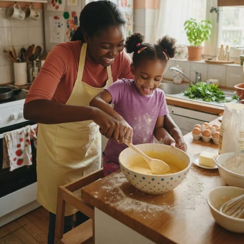 A mother and her young child happily stirring a bowl together while cooking in a bright kitchen