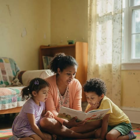 An adult reading a storybook to two attentive young children sitting on a colorful rug