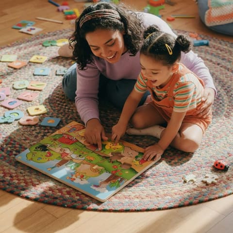 A friendly young woman gently guiding a preschool child through a fun learning activity on a playroom floor